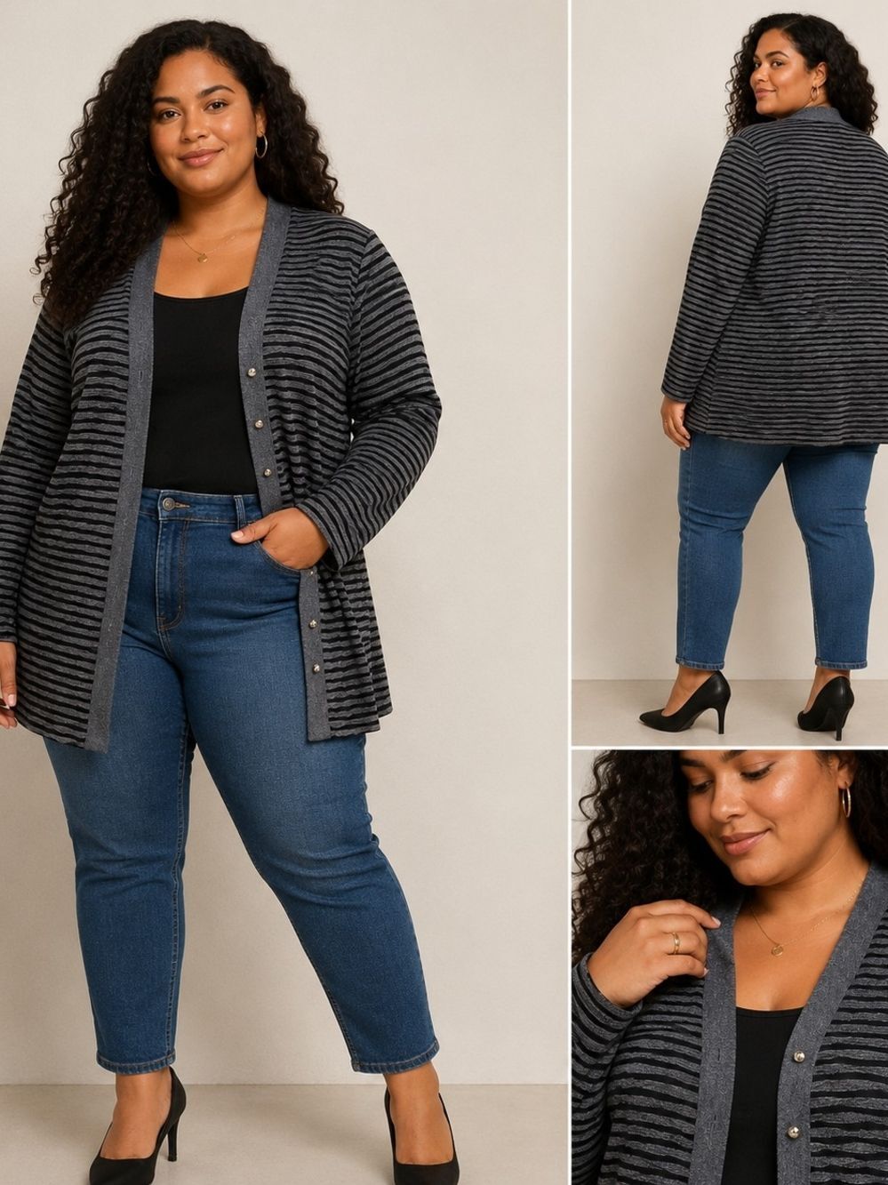 NWOT Vintage Pride & Joy Striped Open Front Cardigan in Charcoal and Black 3XL